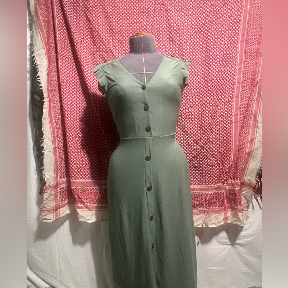 Green midi dress with ruffle short sleeves and drop waist x-small